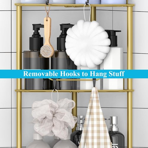 HuggieGems Corner Shower Caddy Organizer - 4 Tier Floor Stand with Hooks | Elegant Gold Finish