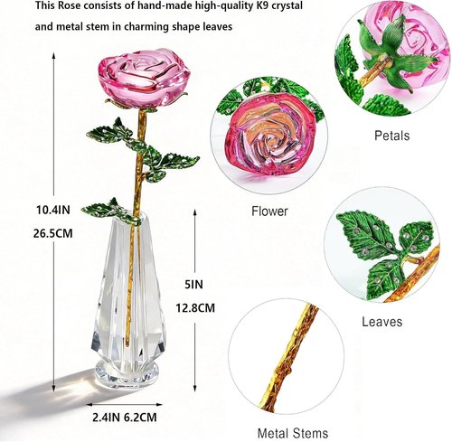 HDCRYSTALGIFTS 10'' Pink Crystal Rose Figurine - Elegant Glass Flower Gift for Mom | Perfect for Mother's Day, Valentine's Day, and Anniversaries