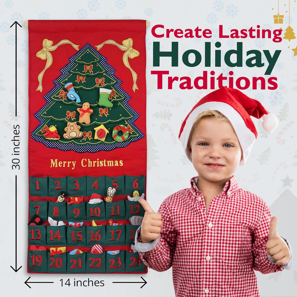 Pockets of Learning Merry Christmas Green Tree Advent Calendar - Festive Fabric Wall Hanging | 24 Stuffed Ornaments
