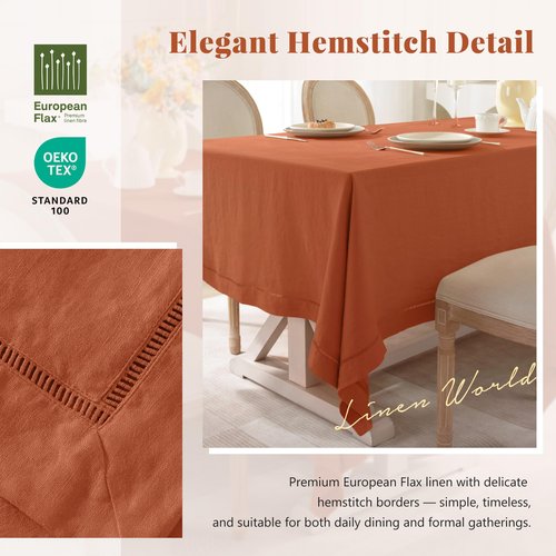 Linen World Fall Linen Tablecloth 120" x 60" Inch,French Linen Washable Rectangular Table Cloth for Dining,Outdoor,Weddings and Restaurants,Decorative Thanksgiving Christmas,Burnt Orange Hemstitch