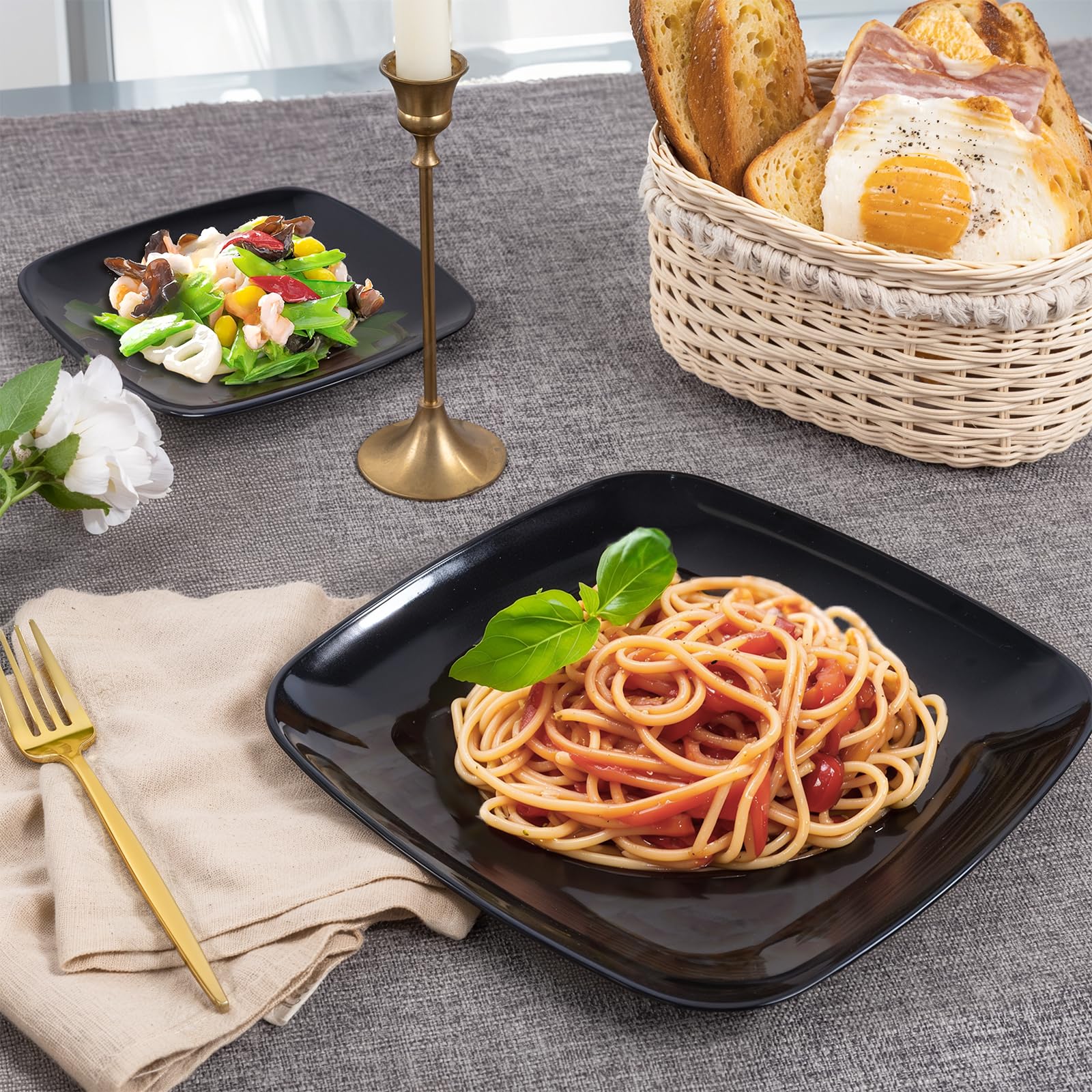 PULOTE 100 PCS Black Square Plastic Plates Disposable - Include 50 Each (10" Dinner & 7.25" Dessert) Plates - Ideal for Party & Graduation