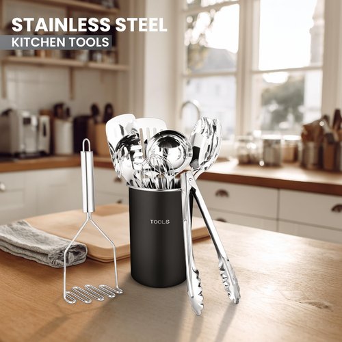 Avador® Premium Set of 10 Stainless Steel (BLACK HOLDER) Kitchen Tool Set with Holder Easy To Clean, Space Saving, Great for Cooking, Baking, Prepping (BLACK)