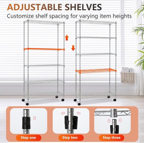 FDW 5-Tier Wire Storage Shelves - Adjustable Heavy-Duty Metal Racks with Wheels | 30"x14"x61" | Chrome Finish, Holds Up to 220 lbs | Tool-Free Assembly for Home & Garage
