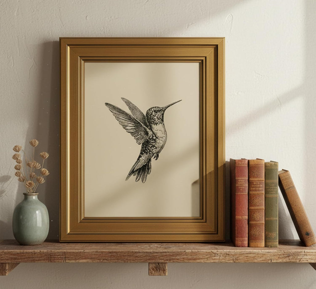 MDHFJEAW Vintage Gold Framed Hummingbird Wall Art - Retro Black & White Canvas Print, 9x11 In