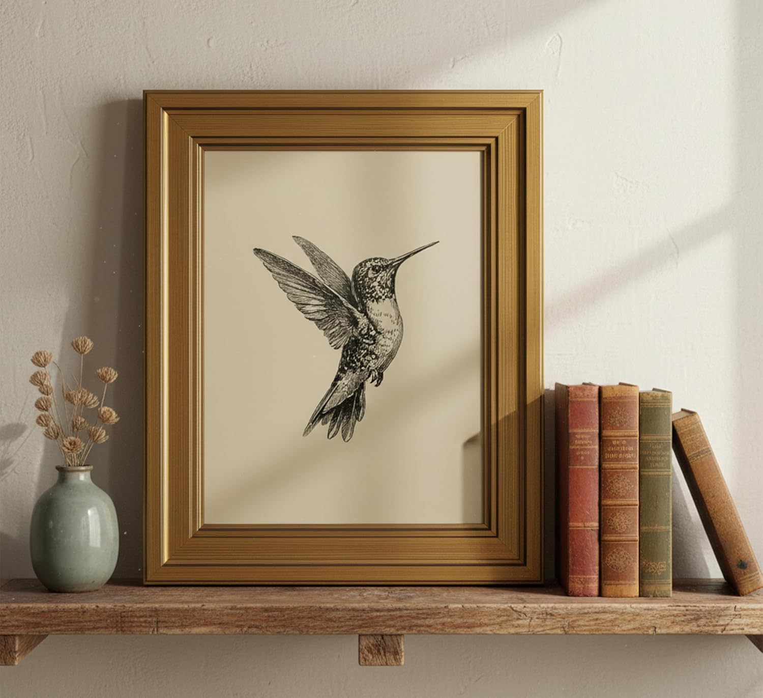 MDHFJEAW Vintage Gold Framed Hummingbird Wall Art - Retro Black & White Canvas Print, 9x11 In