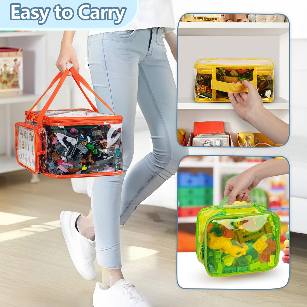 Rexmica 4 Packs Toy Storage Bag for Building Bricks, Waterproof Clear Toy Organizer Case for Magnetic Tiles, Board Games, Puzzles, Building Blocks Travel Carrying Bag
