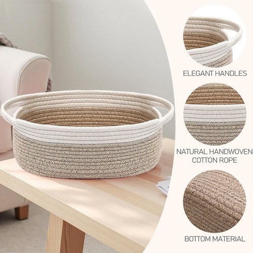JMvicyroam Woven Basket - Small Rope Storage Bin with Handles for Organizing Shelves & Closets | White & Oatmeal