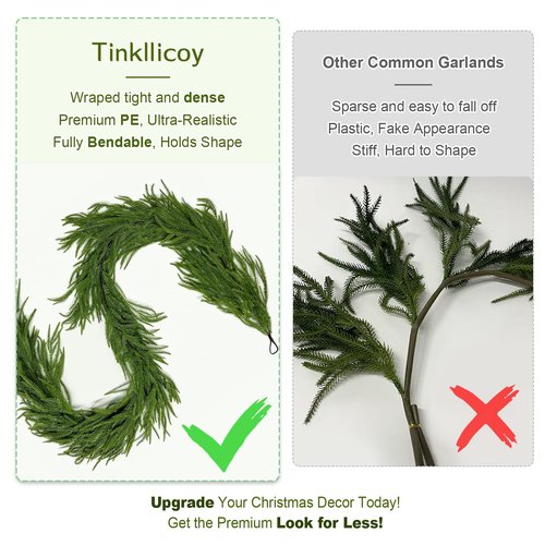 2PCS 6FT Christmas Norfolk Pine Garland, Real Touch Artificial Greenery Garland for Table, Mantle, Wall, Indoor, Outdoor Holiday Decorations