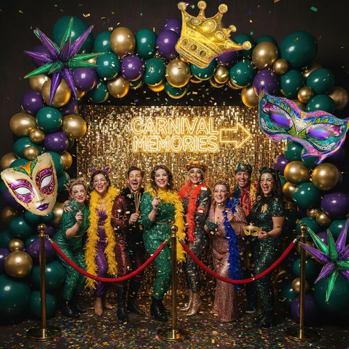 125 Carnival Balloon Garland Arch Kit - Purple, Emerald Green &Pearl Gold Balloons with Masks, Crown, and Exploding Star Foil Festive Party Decor for Masquerade, Birthday, Royal Events