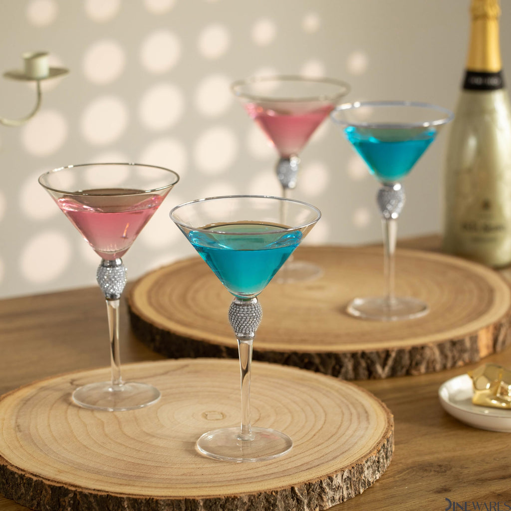 4 Piece Premium Clear Stem Crystal Martini Glasses with Gold Rim and Diamond-like Rhinestones, Elegant 10oz Glassware Set for Cosmopolitan, Vodka, Gin and Other Cocktails, Fancy Manhattan Drinkware