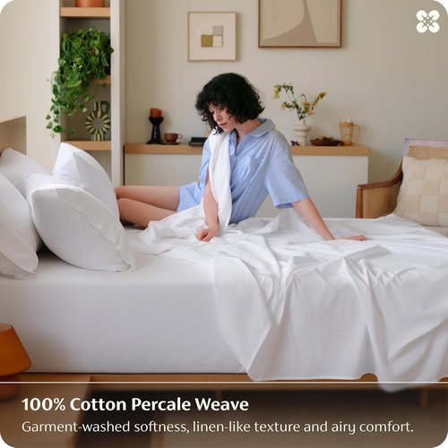 Bedsure 100% Washed Cotton Percale Sheets - Soft & Breathable 6-Piece Queen Set with 18" Deep Pocket (White)