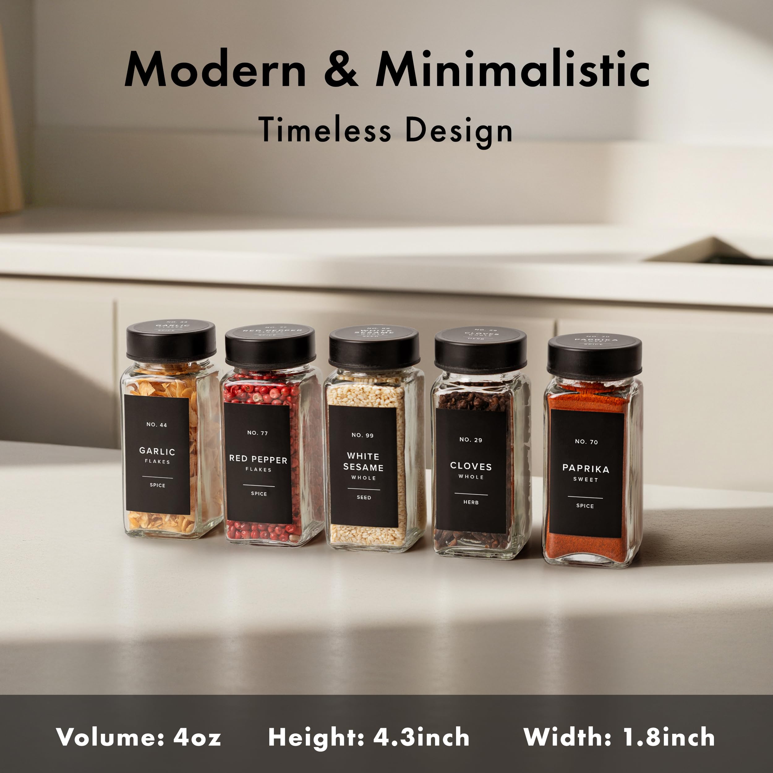 EDELHAUS Glass Spice Jars and Black Stainless Steel Lids (12 x 4oz) Spice Containers with Shaker Inserts - Add-On Pack Without Labels or Accessories