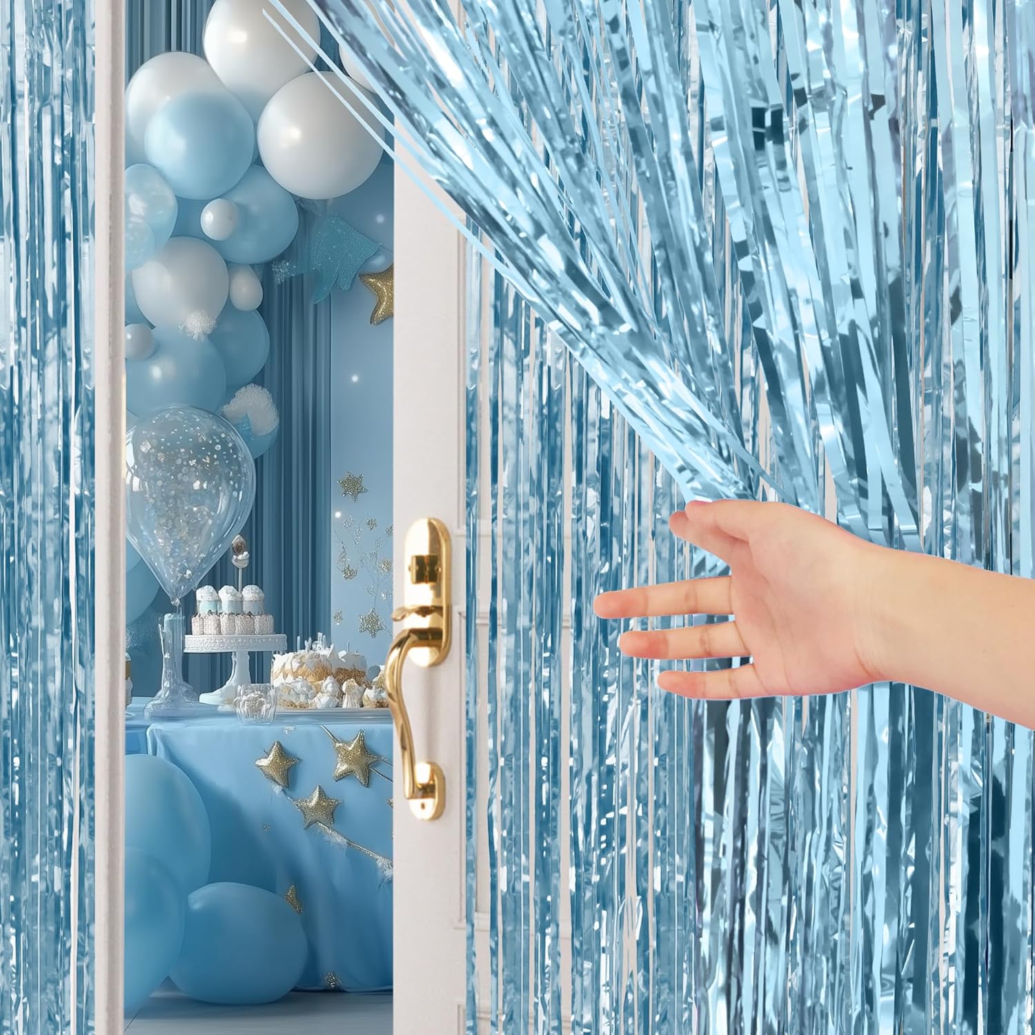 Skiennix Light Blue Fringe Backdrop - 3.2x8.2ft Shining Foil Tinsel Curtains for Parties & Events