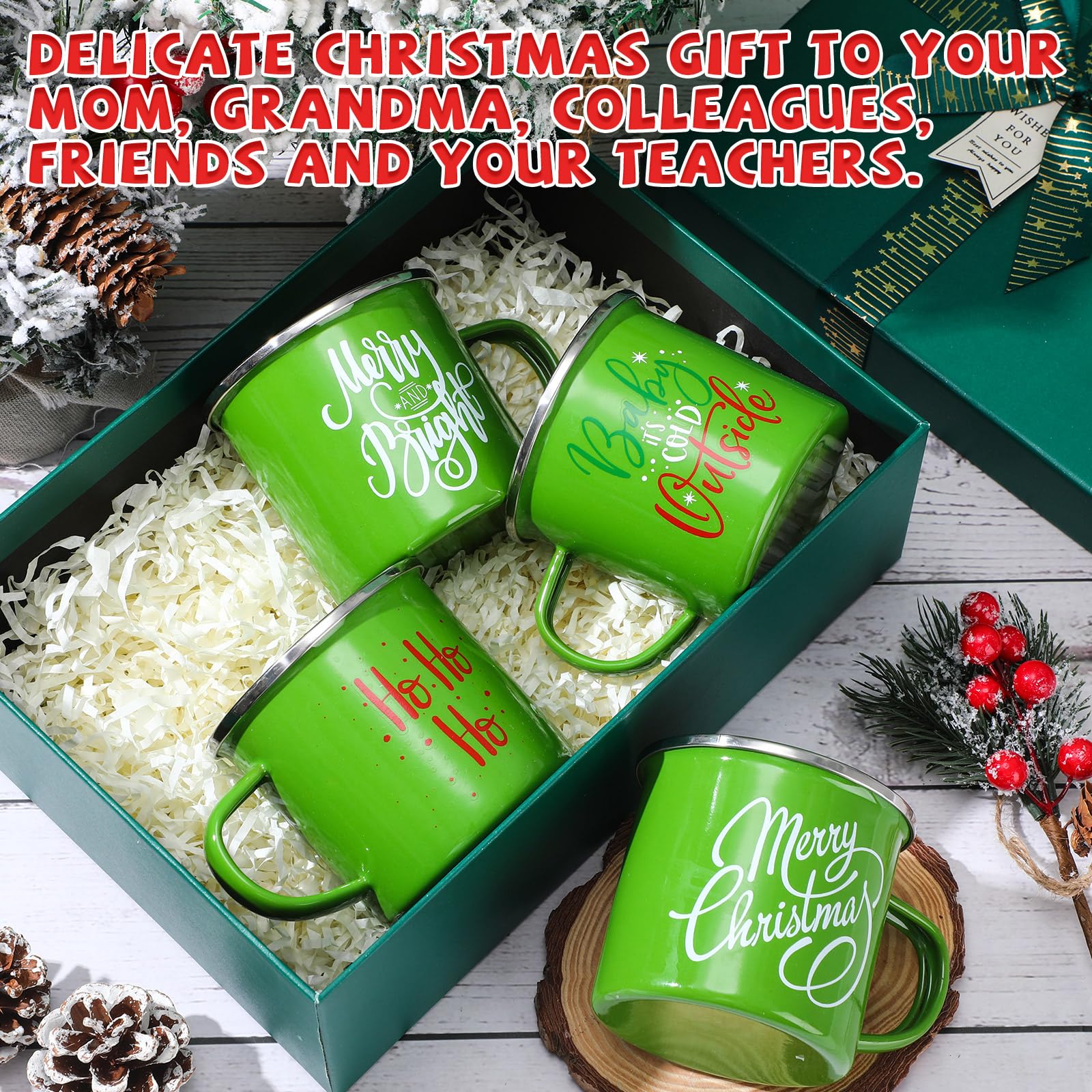Uiifan 20 Pcs Christmas Enamel Mugs Bulk Cute 12 oz Galvanized Steel Festive Funny Novelty Coffee Cup Merry Christmas Mug Gift Set for Women Coworkers Teachers Hot Chocolate Tea (White Green)
