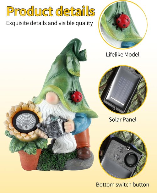 iStatue Large Solar Garden Gnome - 12-Inch Hand-Painted Outdoor Patio Decor & Lawn Ornament