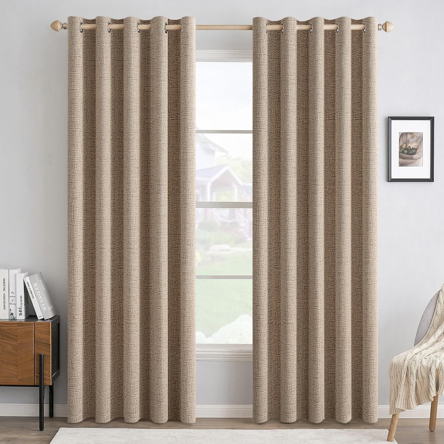 MIULEE 100% Blackout Linen Textured Curtains - Thermal Insulated Copper Brown Grommet Drapes | 62 x 96 Inch (2 Panels)