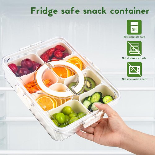 FEIOOD Patent Design Ribbed Snackle Box Container Snack Container Divided Serving Tray with Lid and Handle, 8 Divider Portable Snacklebox for Travel Beach for Charcuterie Veggie Fruit Candy,1 Pack