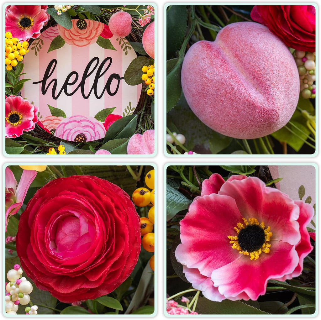 Spring Wreaths - 24 Inch Artificial Summer Wreath with Pink Roses & Hello Sign | Indoor & Outdoor Farmhouse Decor