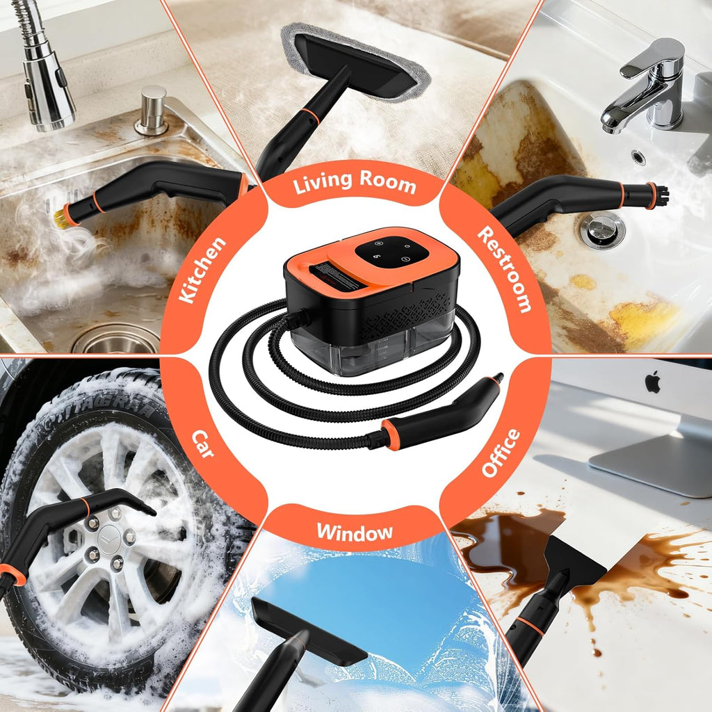 Skiennix Portable Steam Cleaner - 16-Piece Accessory Set | 6-Level Adjustable Heat, Fast 15s Heat-Up, Handheld for Home & Car Detailing - Orange