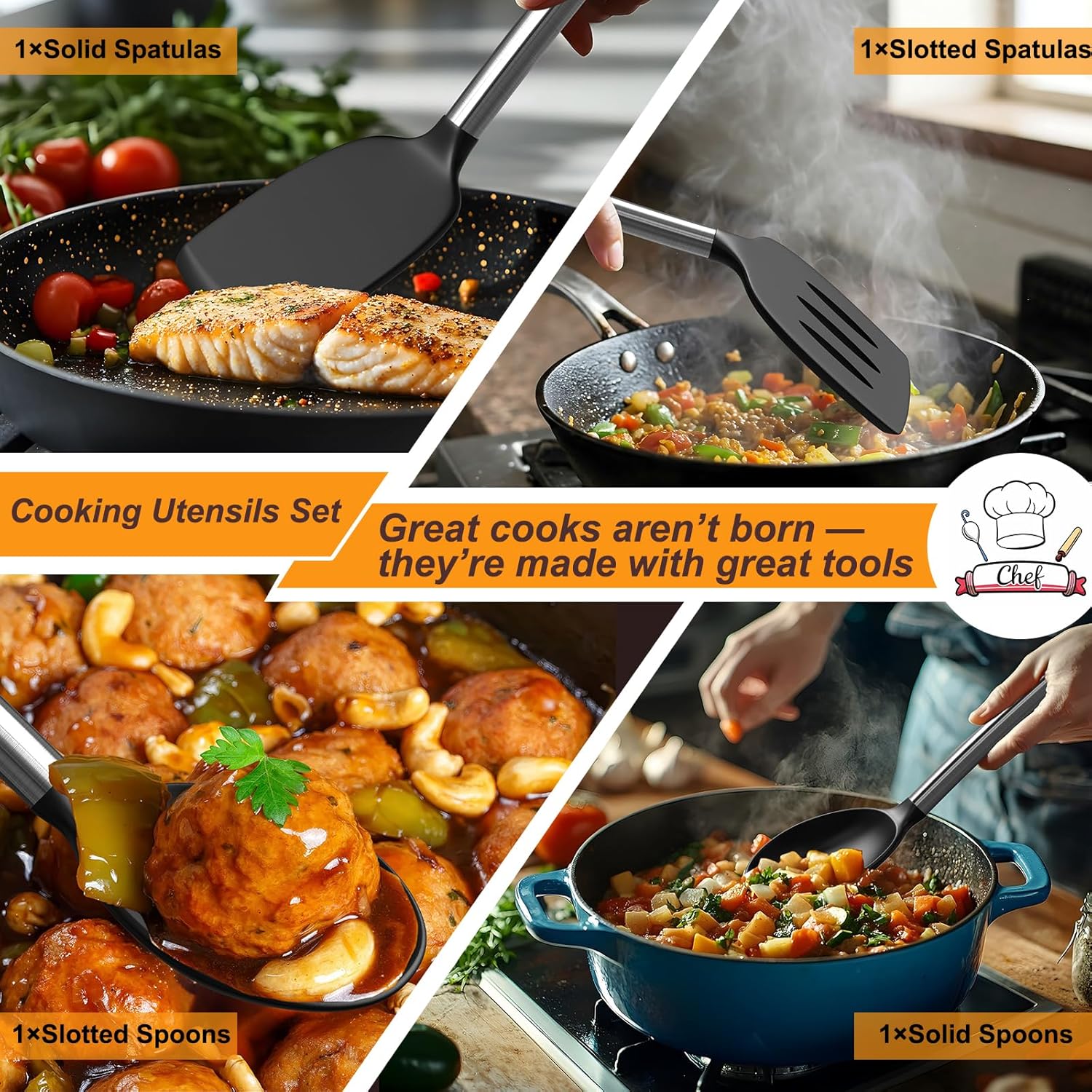 Yoehka Silicone Cooking Utensils Set - 4Pcs Heat Resistant Kitchen Tools with Stainless Steel Handles | Black
