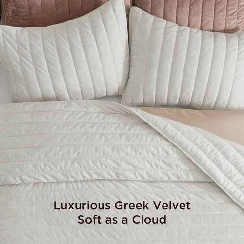 Bedsure Velvet Quilt King Size Set - Lightweight Cream White Comforter | Oversized Luxury Bedspread with 2 Pillow Shams
