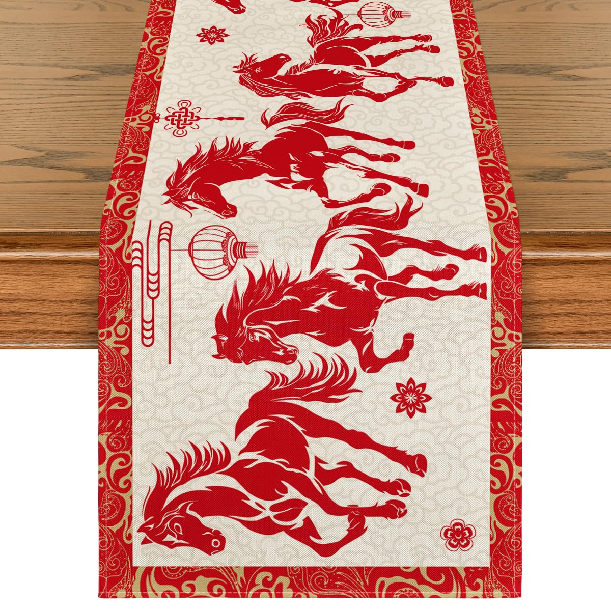 Artoid Mode Propitious Clouds Chinese Zodiac Horse Happy 2026 Lunar New Year Table Runner, Spring Festival Winter Kitchen Dining Table Decoration for Home Party 13x72 Inch