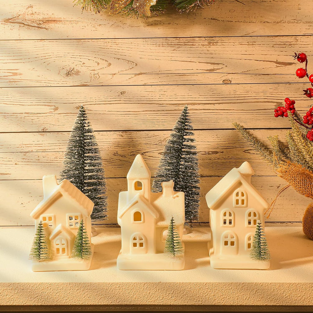 Skiennix Christmas Village Set - 5 LED Lighted Ceramic Houses with 2 Decorative Trees | Holiday Home Decor