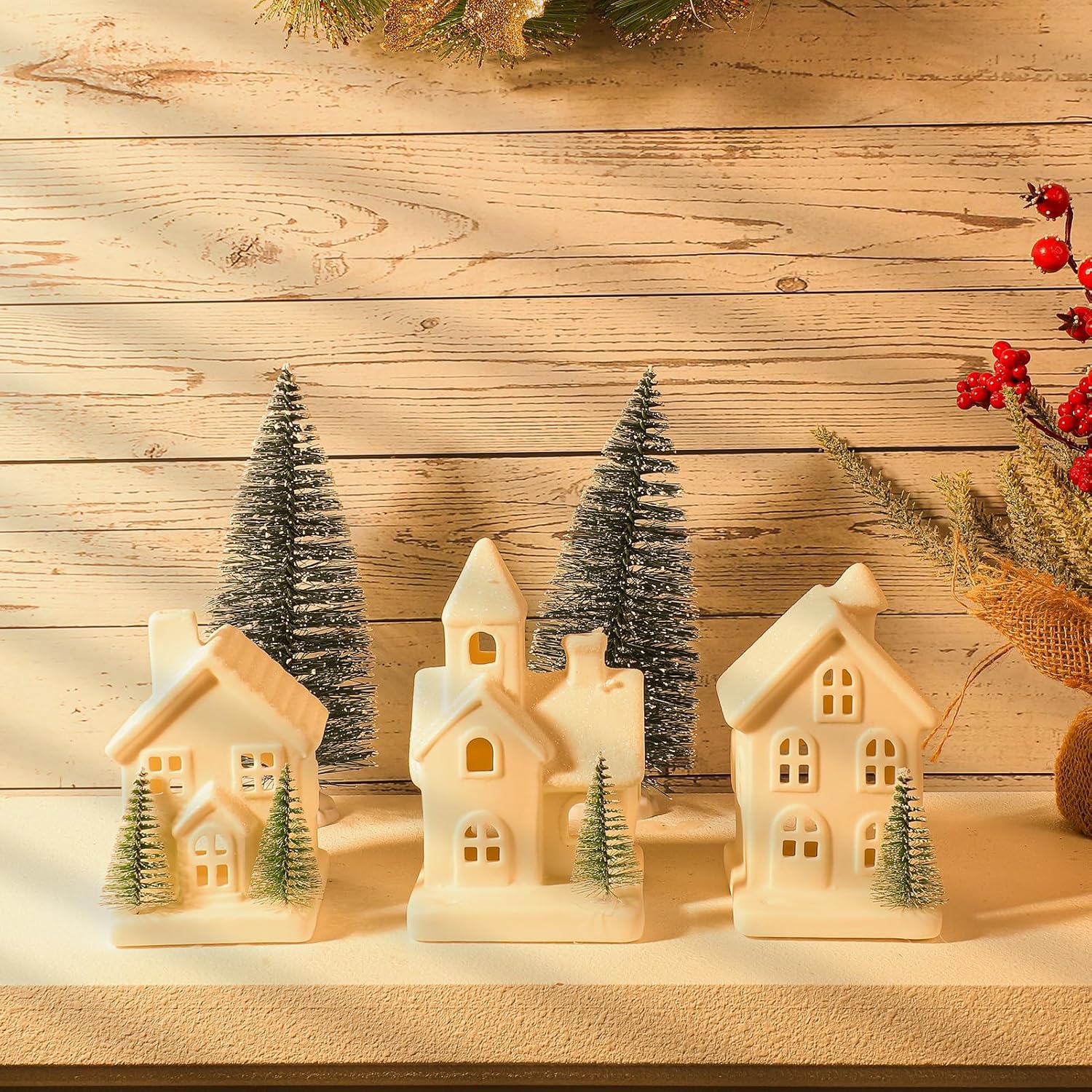 Skiennix Christmas Village Set - 5 LED Lighted Ceramic Houses with 2 Decorative Trees | Holiday Home Decor