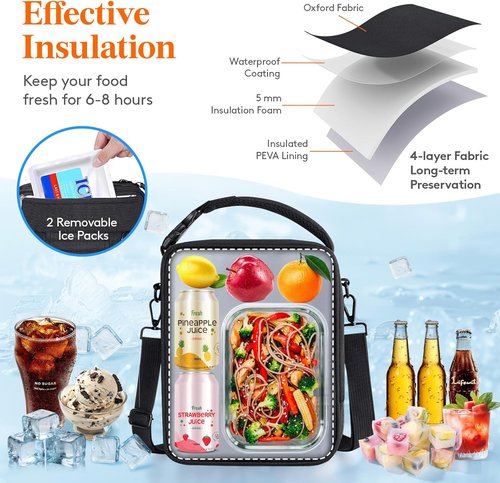 Lifewit Insulated Lunch Box - Expandable Cooler Bag with 2 Ice Packs | 8.2L Black for Work & Travel