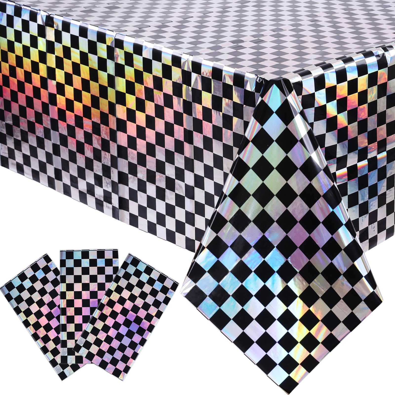 SAJOO 3 Packs Black Checkered Iridescent Tablecloth 54 x 108 Inch Holographic Foil Table Cloth Shiny Disposable Laser Rectangle Plastic Table Cover for Picnic Camping