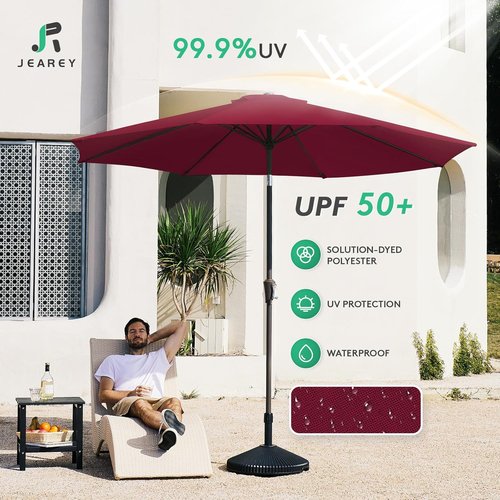JEAREY 9FT Outdoor Patio Umbrella - Push Button Tilt & Crank | UV Protection, Waterproof - Brick Red