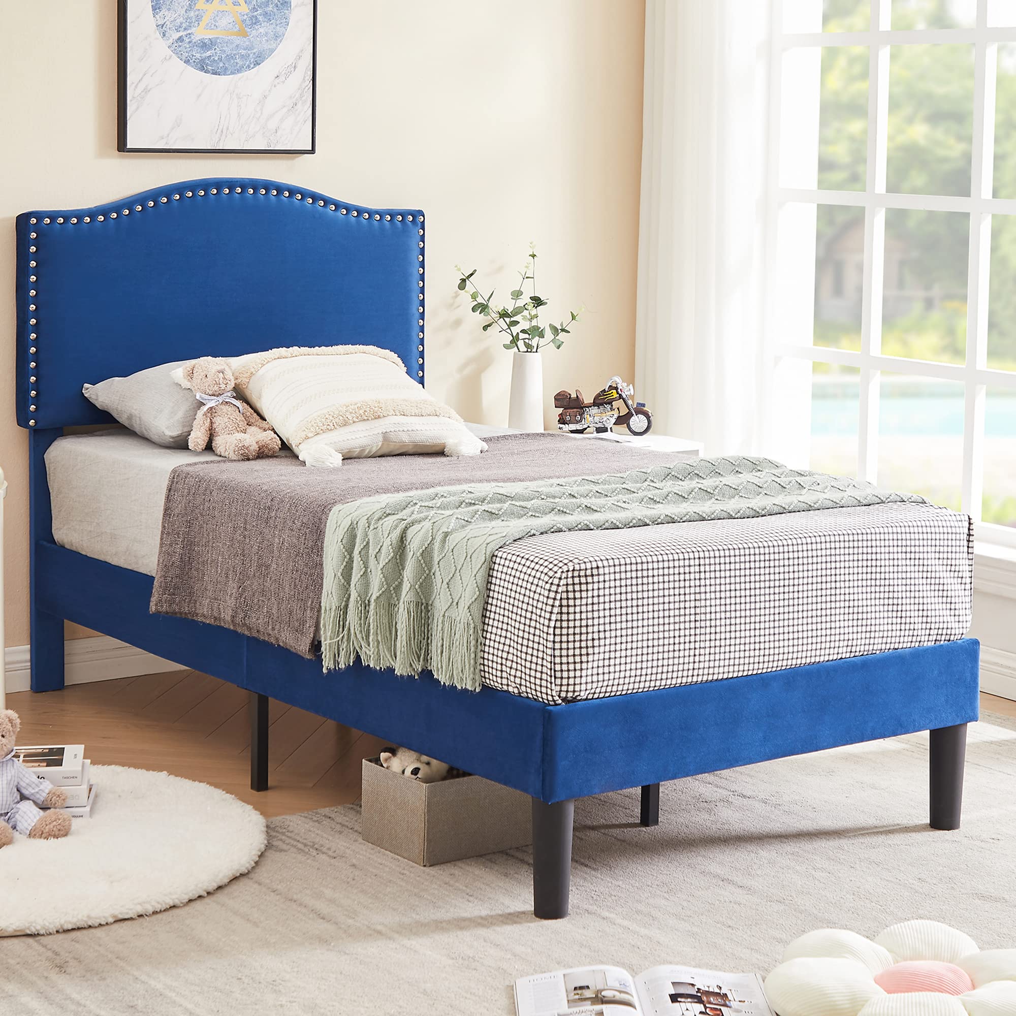 VECELO Twin Upholstered Platform Bed Frame for Kids,Girls,Boys,with Tufted Adjustable Headboard/Mattress Foundation/Wood Slat Support,Easy Assembly,Dark Blue