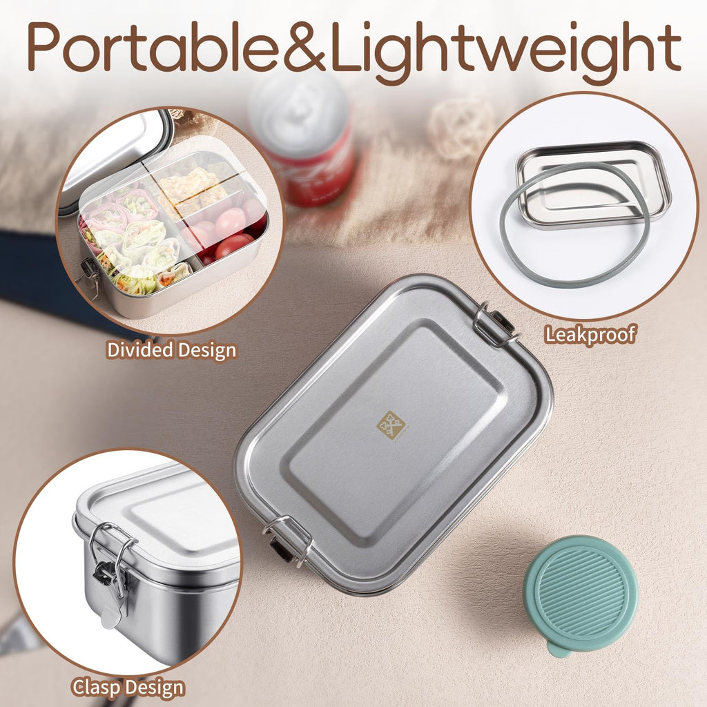 GOLDEN KEY 27oz Stainless Steel Bento Box for Kid,800ml Small & Thickened Metal Lunch Box with 3 Compartments,Eco-friendly Leak-Proof Container with Lockable Clips(Green)