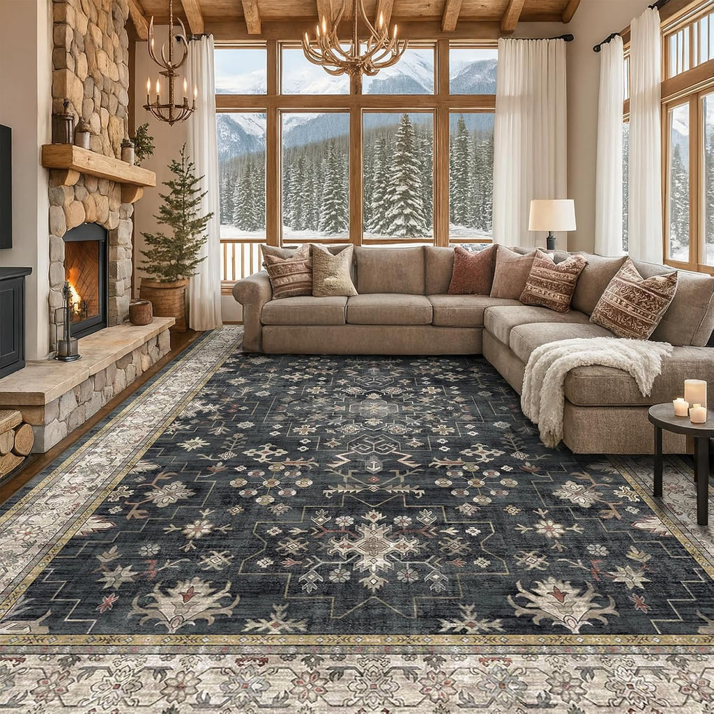 Boho Black Rug - Washable 10x14 Area Rug for Living Room | Soft Low Pile Carpet, Non-Slip & Stain Resistant