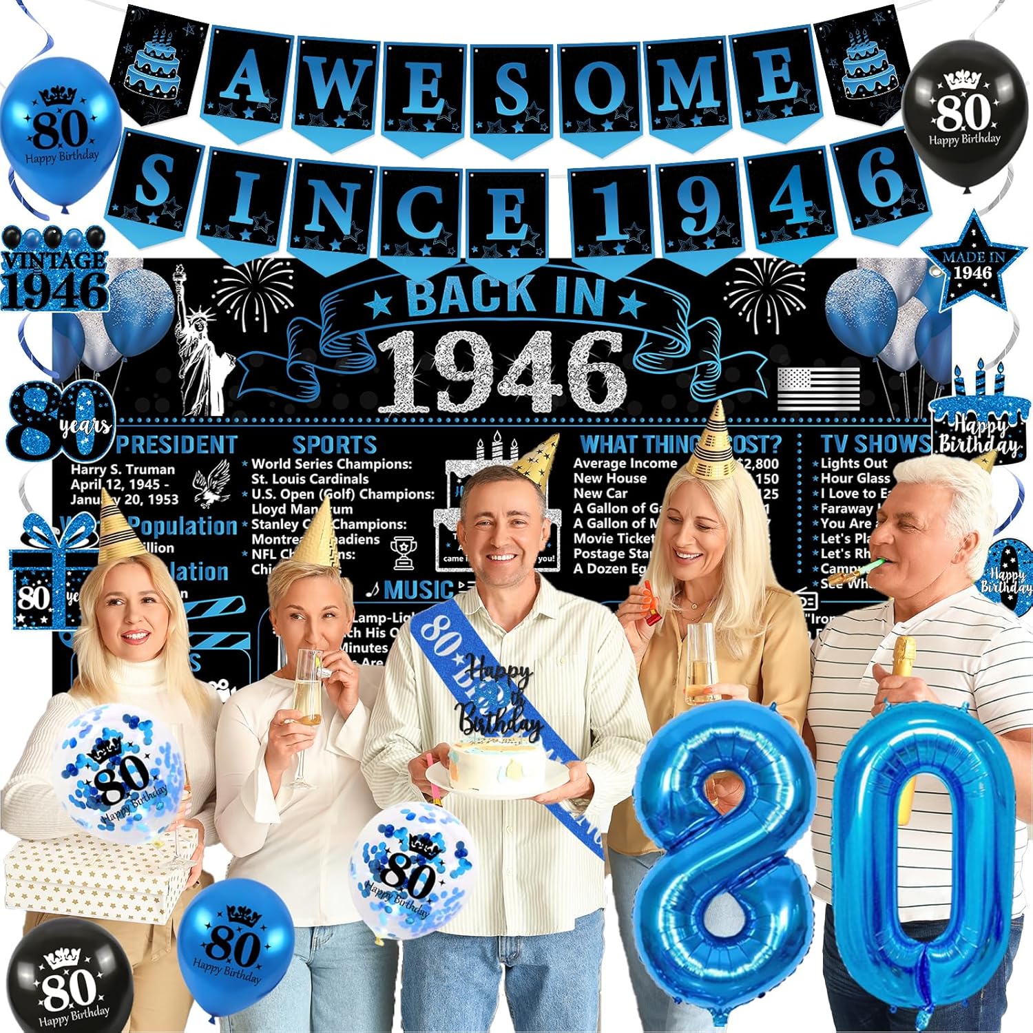 Trgowaul 80th Birthday Decorations - 20PCS Black & Blue Party Supplies Set | Banner, Sash, Cake Topper & Balloons