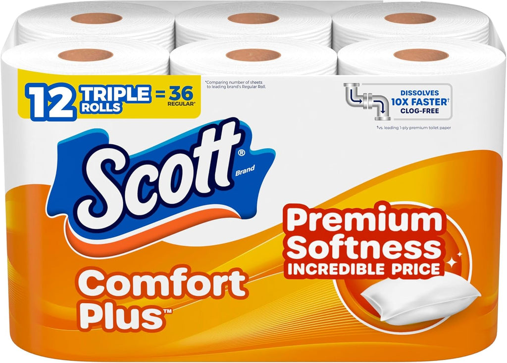 Scott ComfortPlus Toilet Paper - 12 Triple Rolls | 231 Sheets Each - Septic-Safe, Soft & Strong