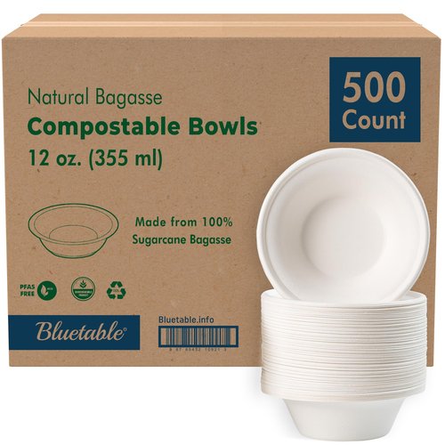 Paper Bowls Disposable Bowls Compostable [500 Pack] Bulk 12 oz Biodegradable Bowl - Case Pack Good For Hot Soup Chili - Made from 100% Sugarcane, Eco Friendly Bagasse Bowls Natural [500 Pack/Case]