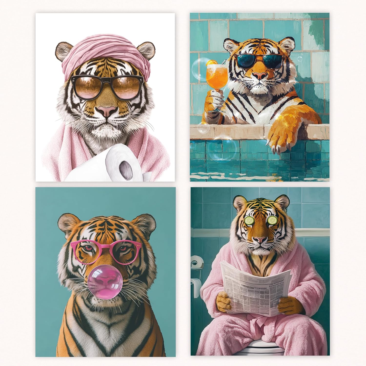 Poecinvi Pink Tiger Bathroom Wall Art Prints - Trendy 8x10 Animal Decor Set of 4 for Washroom