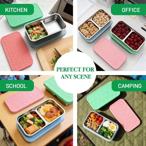 Korythar 3 Pack 15oz Stainless Steel Snack Containers for Kids, Reusable Metal Snack Containers with Silicone lids, Leak Proof 2 Compartment Stackable Metal Toddler Lunch Box for Daycare, School