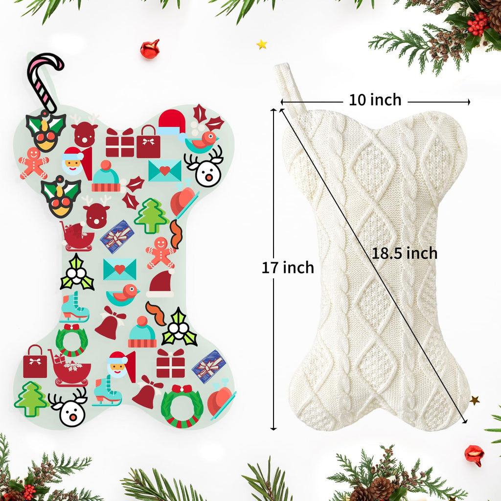 Paulmele Dog Christmas Stocking,Knit Pet White Large Christmas Stocking,Dog Bone Christmas Stockings for Dogs Puppys Pets,Hanging Bone with Bow (Red)