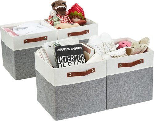 DECOMOMO Fabric Cube Storage Bins - Stylish Grey & White Storage Baskets for Kallax | 13-Inch Cube - 4 Pack