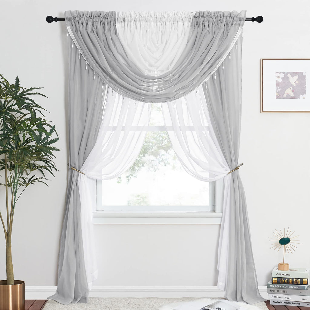 NICETOWN Sheer Curtain Elegant Voile Curtains for Living Room/Nursery, Victorian Drapes Rod Pocket, Light Grey & White