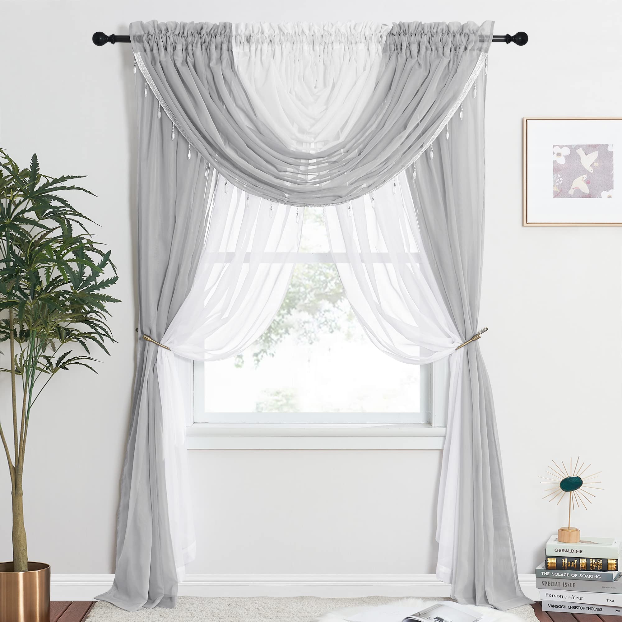 NICETOWN Sheer Curtain Elegant Voile Curtains for Living Room/Nursery, Victorian Drapes Rod Pocket, Light Grey & White