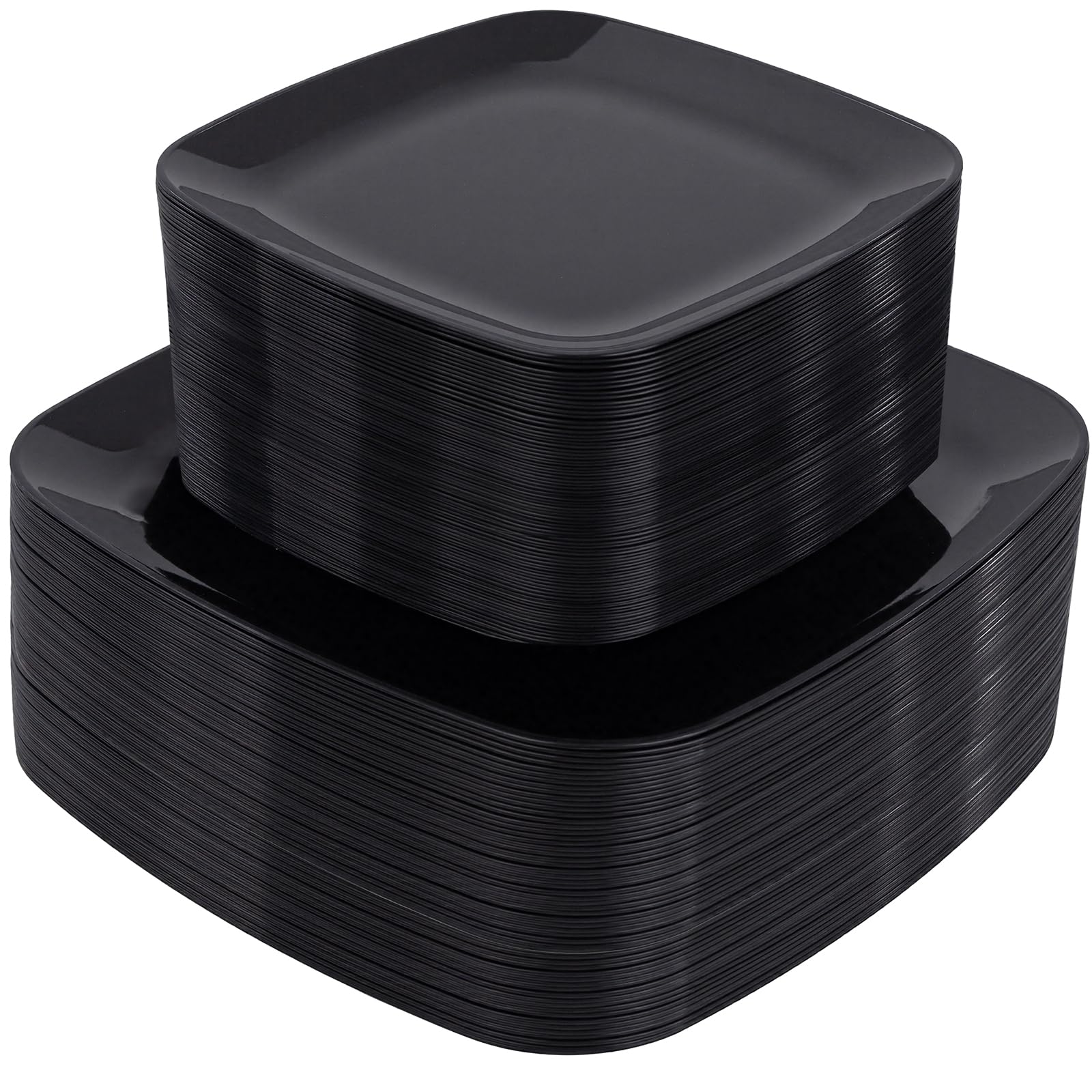 PULOTE 100 PCS Black Square Plastic Plates Disposable - Include 50 Each (10" Dinner & 7.25" Dessert) Plates - Ideal for Party & Graduation