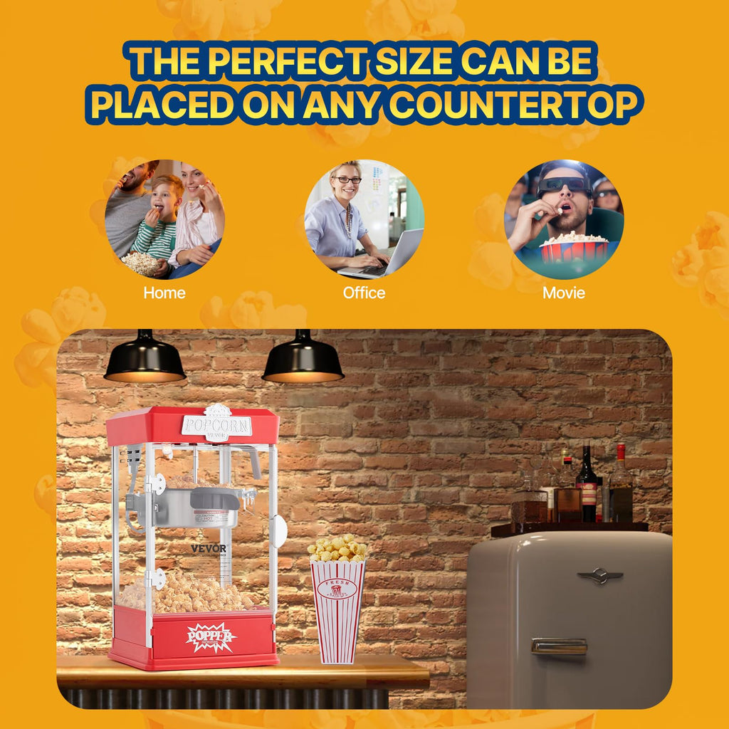 VEVOR Popcorn Maker, 480W Popcorn Popper Machine, 4 Oz Kettle Makes 1.5 Gallon per Batch, Tabletop Popcorn Maker, Includes 3 Scoops, Movie Theater Style, Red