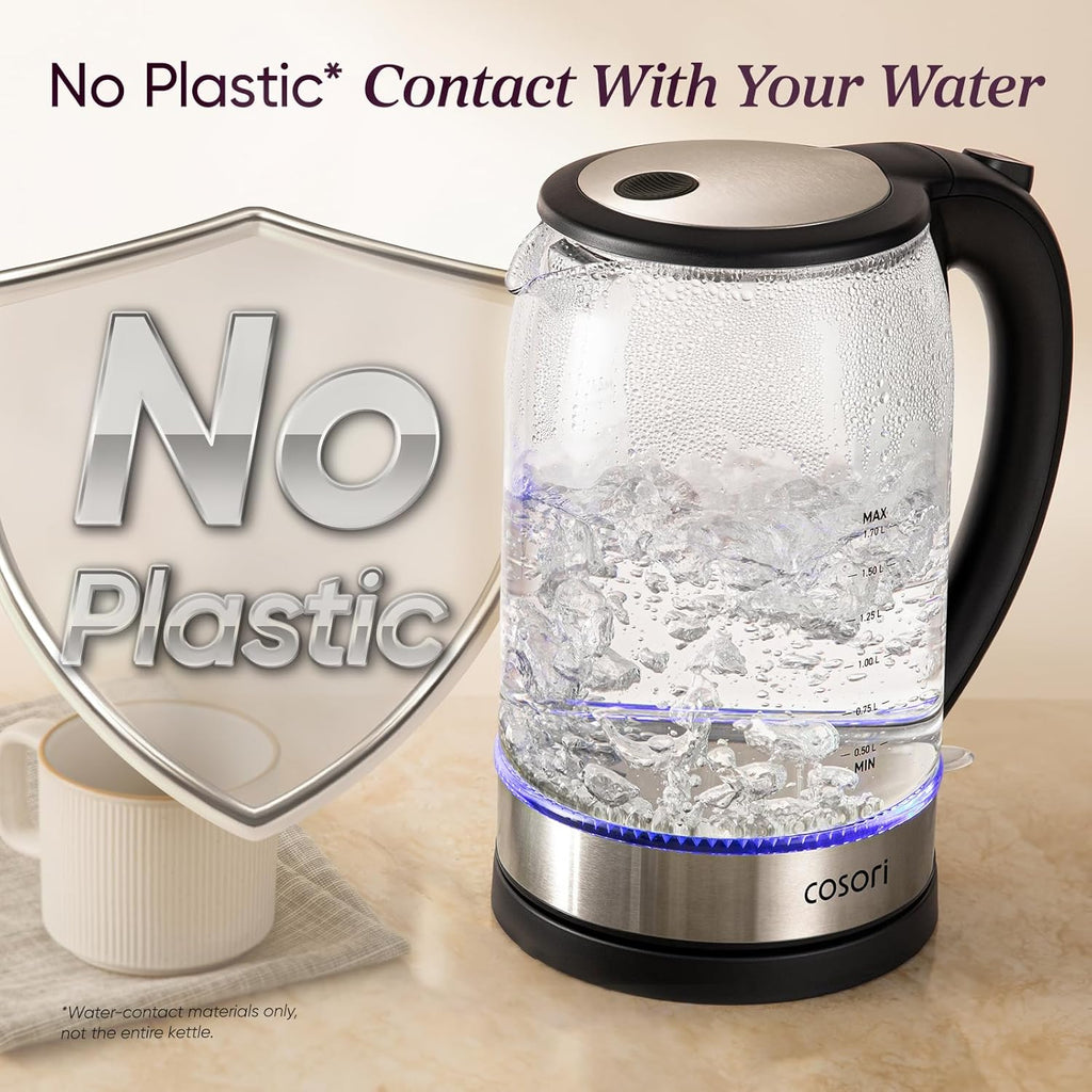 Cosori Electric Kettle - 1.7L Borosilicate Glass Tea Kettle | No Plastic Contact & Auto Shut Off, Black