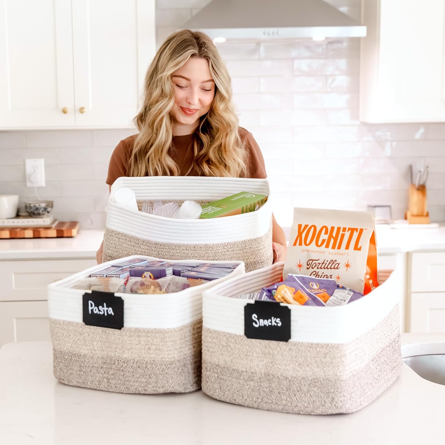 NaturalCozy Storage Baskets - 3-Pack Cotton Rope Woven Bins for Organizing | 16.8”x13”x7.6” Size