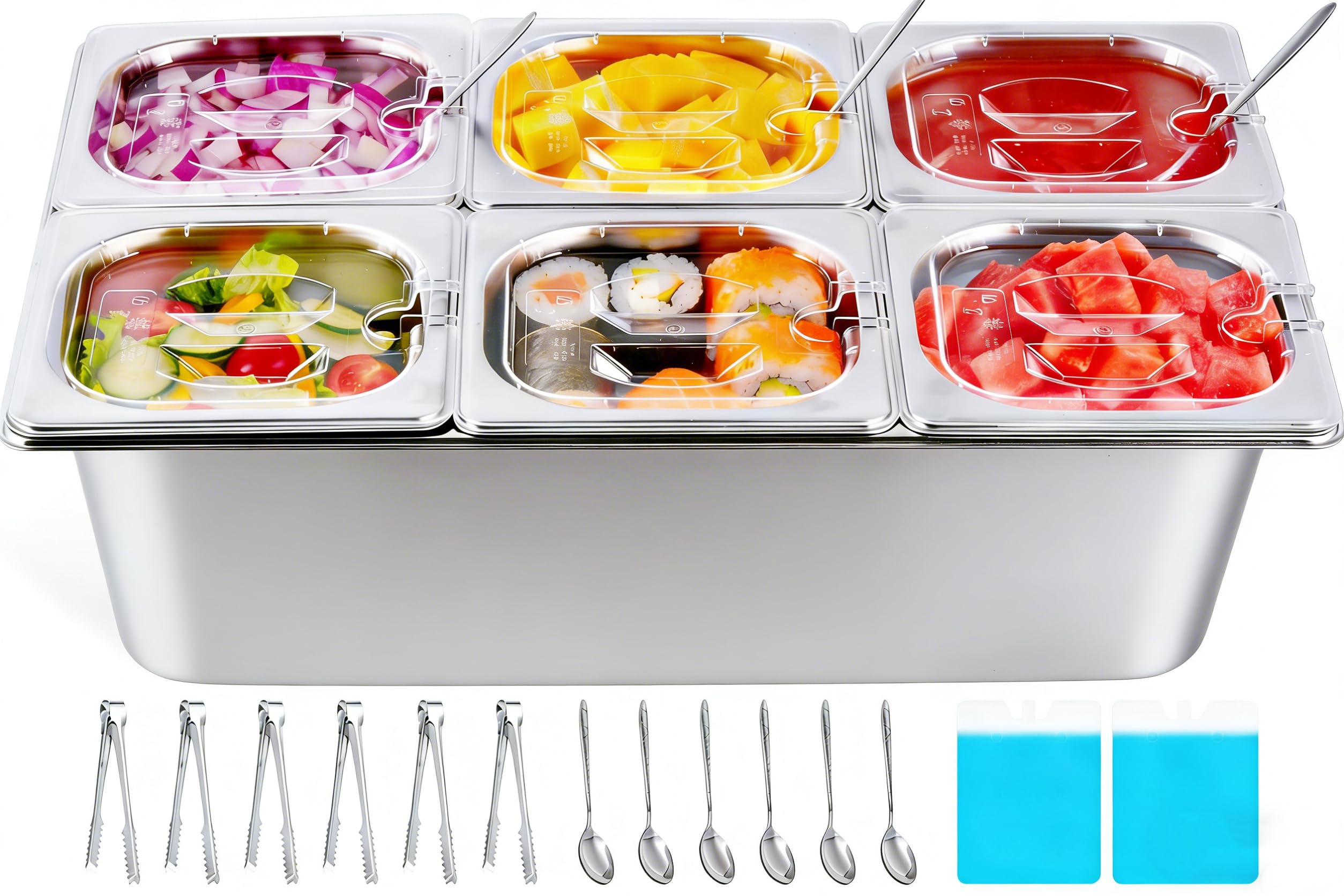 YMJOINMX Cold Ice Food Serving Display tray 6 Pan ×2QT with Ice Packs Clear Lids for Salad Pizza Sauce Cooled Condiment Container Buffet Server Cooler for Party Home