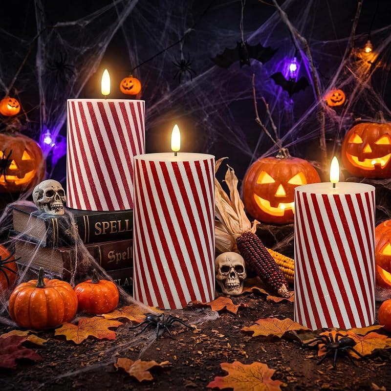Variation of THIS listing: Christmas Flickering Red Stripes Glitter Flameless Candles, Battery Operated Pillar Real Wax LED with Remote Timer, 3-Set, Thin Red Stripes