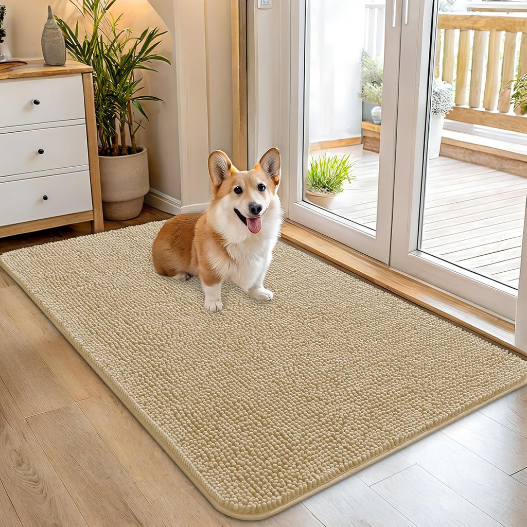 OLANLY Dog Door Mat - Absorbent Non-Slip Chenille Mat for Muddy Paws | 45x27 Inches, Quick Dry, Beige